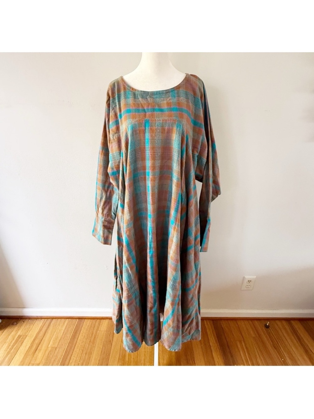Vintage Women 70s Cotton Plaid Oversize Maxi Dress Medium Lagenlook Hippie Artsy